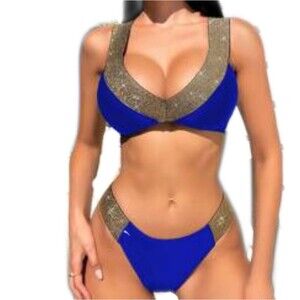 SHEIN royal blue and metallic gold 2-pc bikini swimsuit, size XL